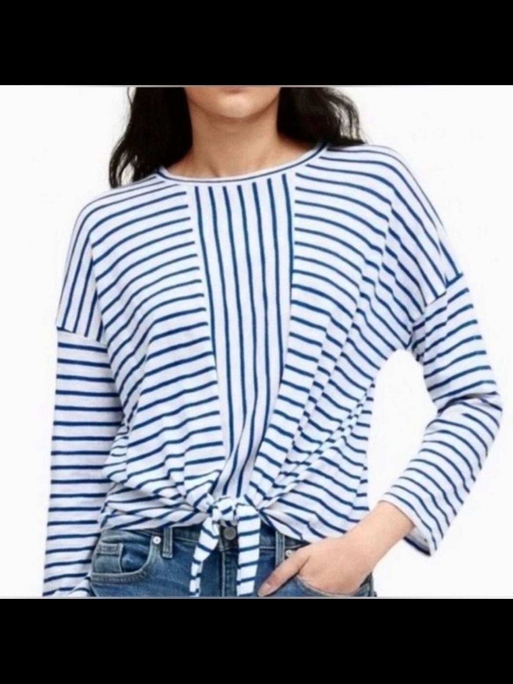 Striped Tie-Front Long Sleeve Top - Blue & White